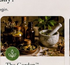 Herbs, oils, and a mortar and pestle on a wooden table