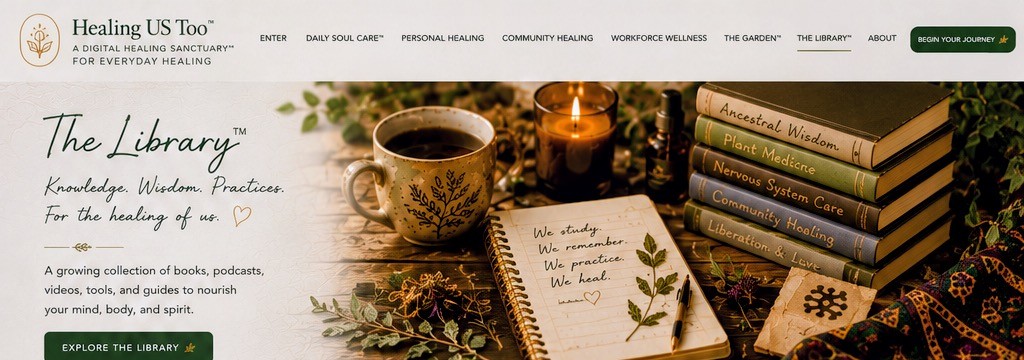 Stacked books on ancestral wisdom, plant medicine, and community healing beside a lit candle