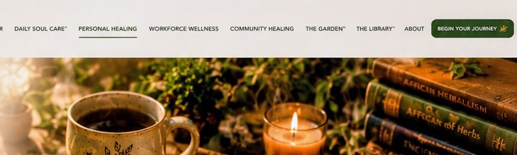A journal reading 'I am becoming everything I prayed for' beside tea, a candle, and books on African herbalism