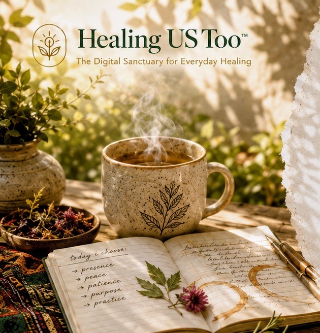 A steaming cup of tea beside an open handwritten journal in a sunlit garden