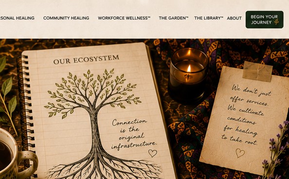 A hand-drawn tree with roots labeled 'Our Ecosystem' in a journal, captioned 'Connection is the original infrastructure'