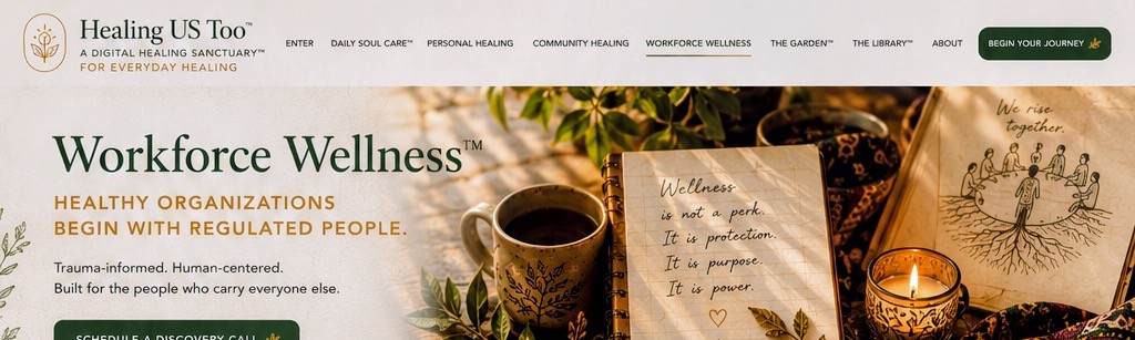 A journal reading 'Wellness is not a perk, it is protection, it is purpose, it is power' beside tea and a candle